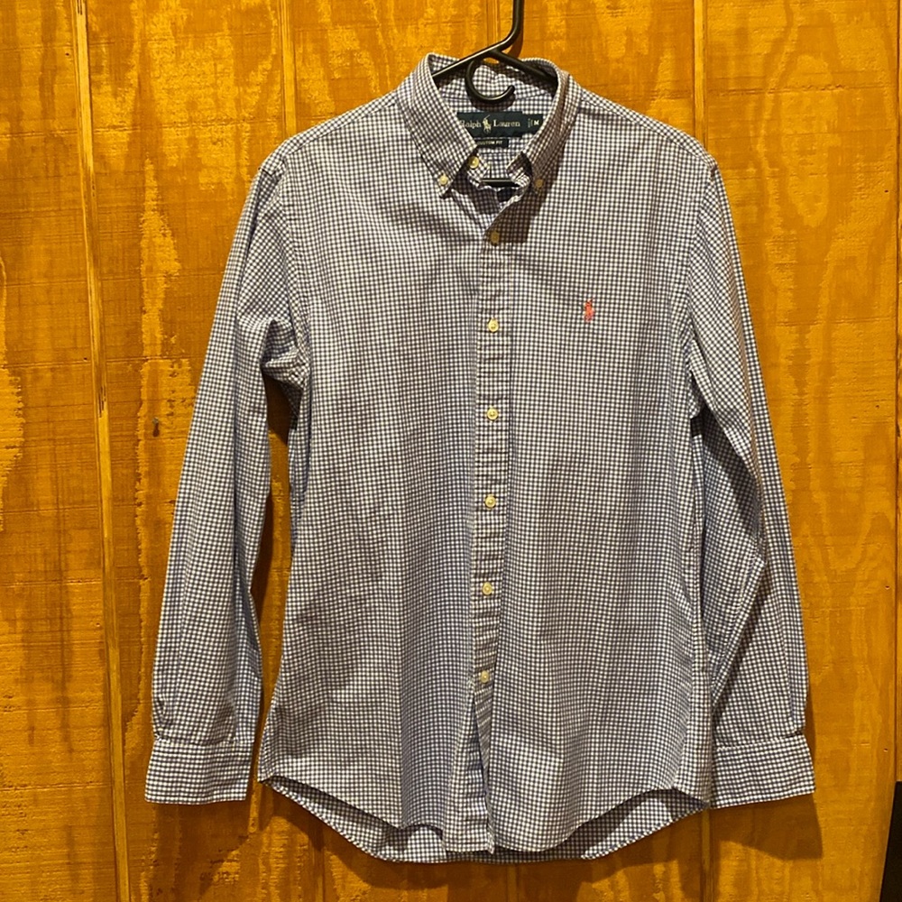 Ralph Lauren Men’s blue checkered button down custom fit SZ: Medium